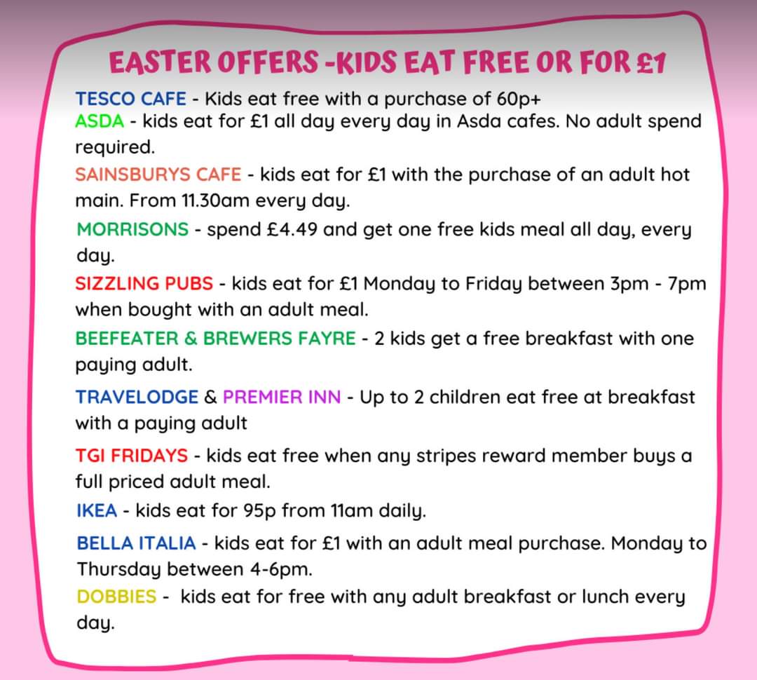 Feeding the children and keeping them entertained over the holidays can be expensive. Lots of restaurants and cafes are running promotions where children can eat at a reduced price or even free with a paying adult. Please check with restaurants before you visit for #KidsEatFree