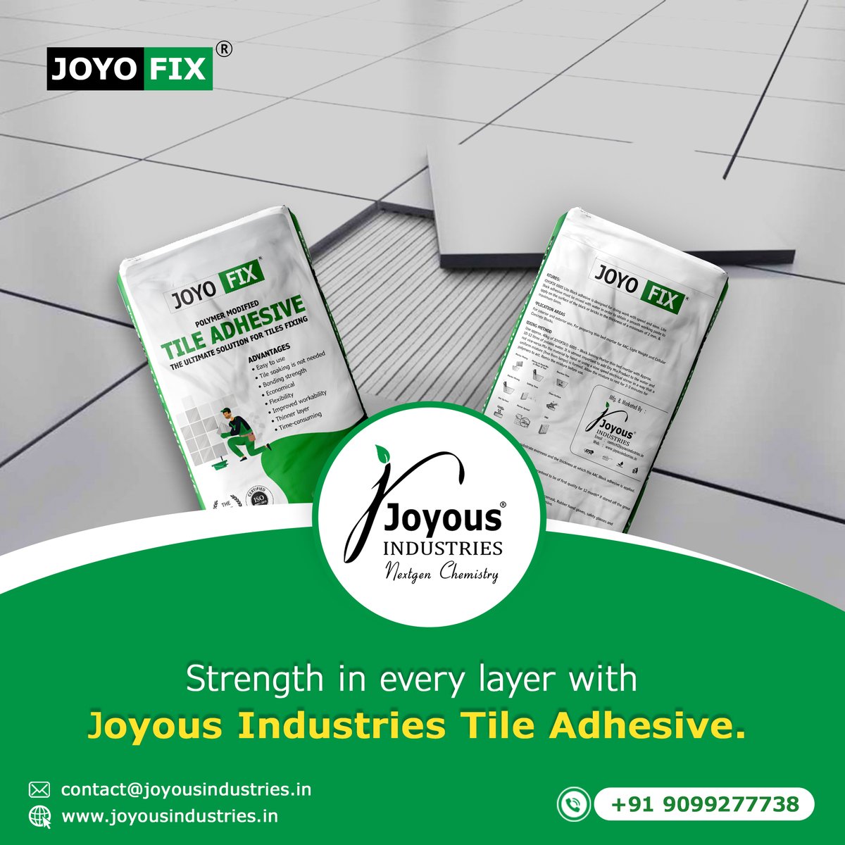 Experience strength with Joyous Industries Tile Adhesive! 💪 Our durable, reliable adhesive ensures your tiles stay secure for years. Elevate your projects confidently with our quality solutions.

#JoyousIndustries #TileAdhesive #StrongBonds #DurableTiles #ReliableAdhesive