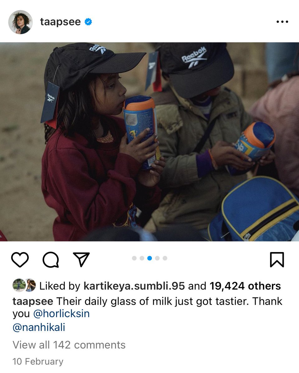 NAPiIndia's tweet image. Came across this post posted in February 2024 by @taapsee @NanhiKali distributing @Horlicks_india to young children. It has 46 gm sugar per 100 GM with other additives that makes it ultra processed. Isn’t it surrogate promotion of a high sugar food product ? @techmahindracsr