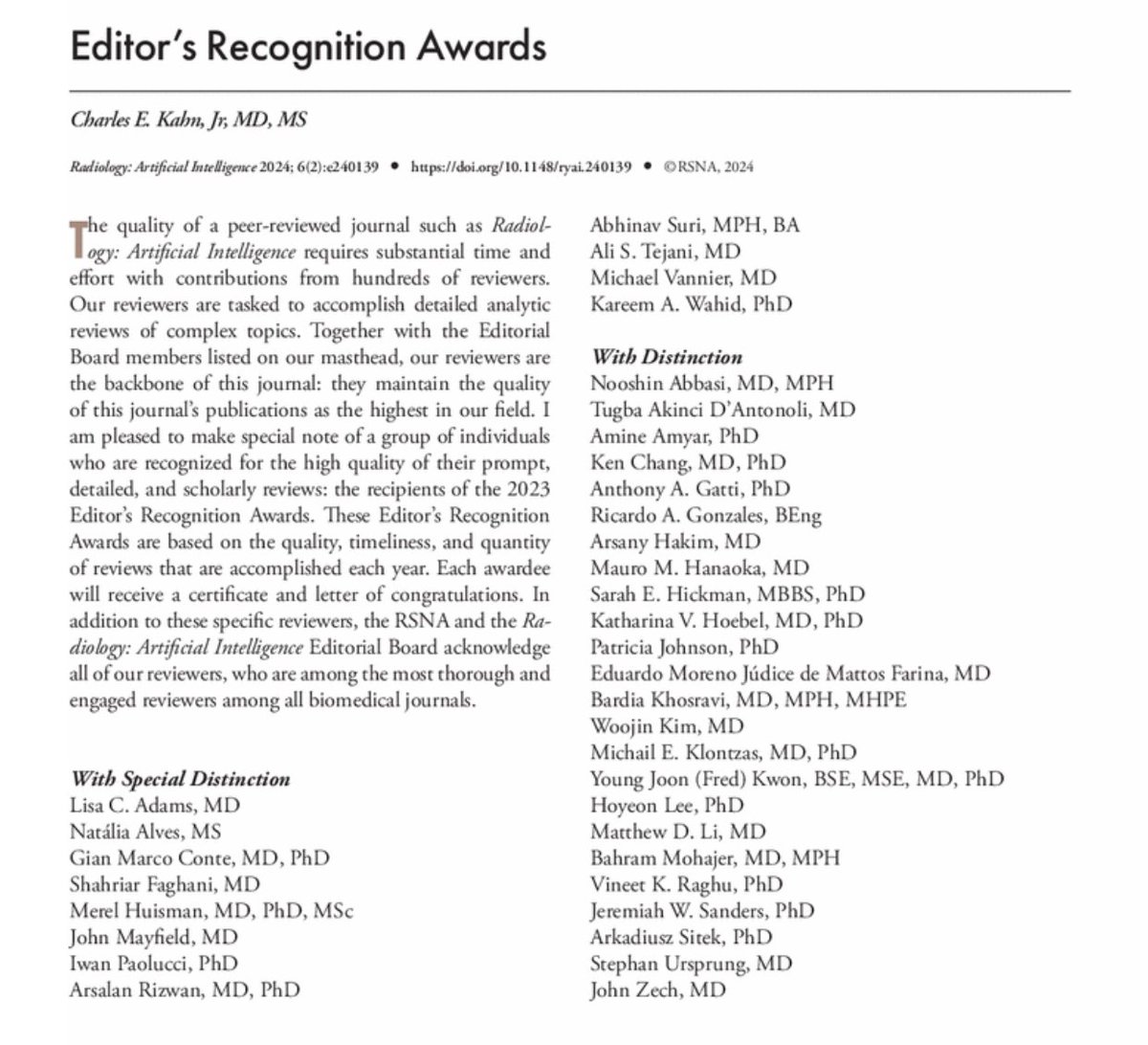 Congratulations to all those receiving @Radiology_AI Editor's Recognition Awards! Thank you @cekahn and the Editorial Board for your leadership! @RSNA @radiology_rsna #AI