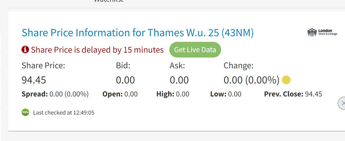 Thames Water is not publicly traded on the London Stock Exchange. It's owned by consortiums. For posterity I've put this here , showing the current share price at £0.9445 per share (Just shy of 95pence).