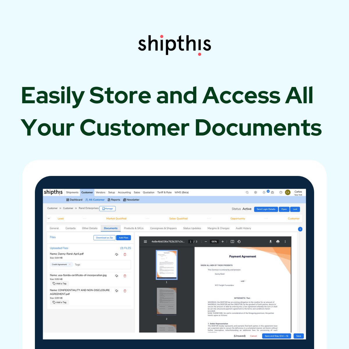 Shipthis Customer Relationship Management enables effortless management, tracking, and quick retrieval of customer-related documents from a central repository. It enables customers to upload and access documents anytime via a web portal. #Shipthis #DocumentManagement