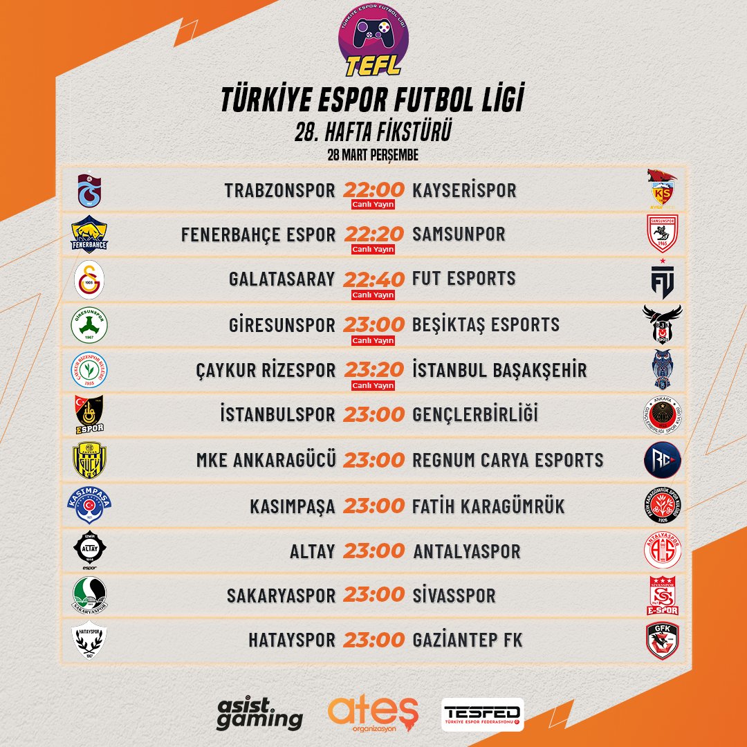 🔈 Türkiye Espor Futbol Ligi’nde heyecan, 28. hafta karşılaşmaları ile devam ediyor.⌛⚽🎮 📺 Her haftanın 5 karşılaşması, @asistgaming Twitch ve Kick kanallarından canlı yayınlanacak. 📋 İşte 28. haftanın programı: