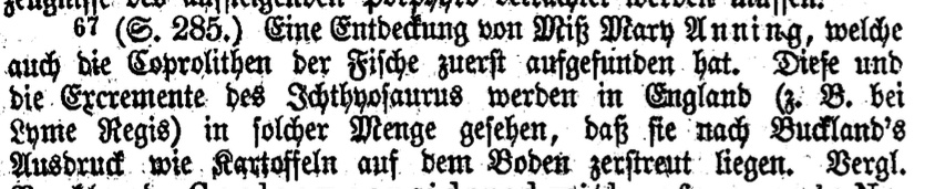 In 1844 #MaryAnning told a visitor 'I am well-known throughout the whole of Europe' and indeed she was. Here, she and her discoveries of #coprolites and fossil #sepia are mentioned in Alexander von Humboldt's book, 'Kosmos', published in Stuttgart in 1845: