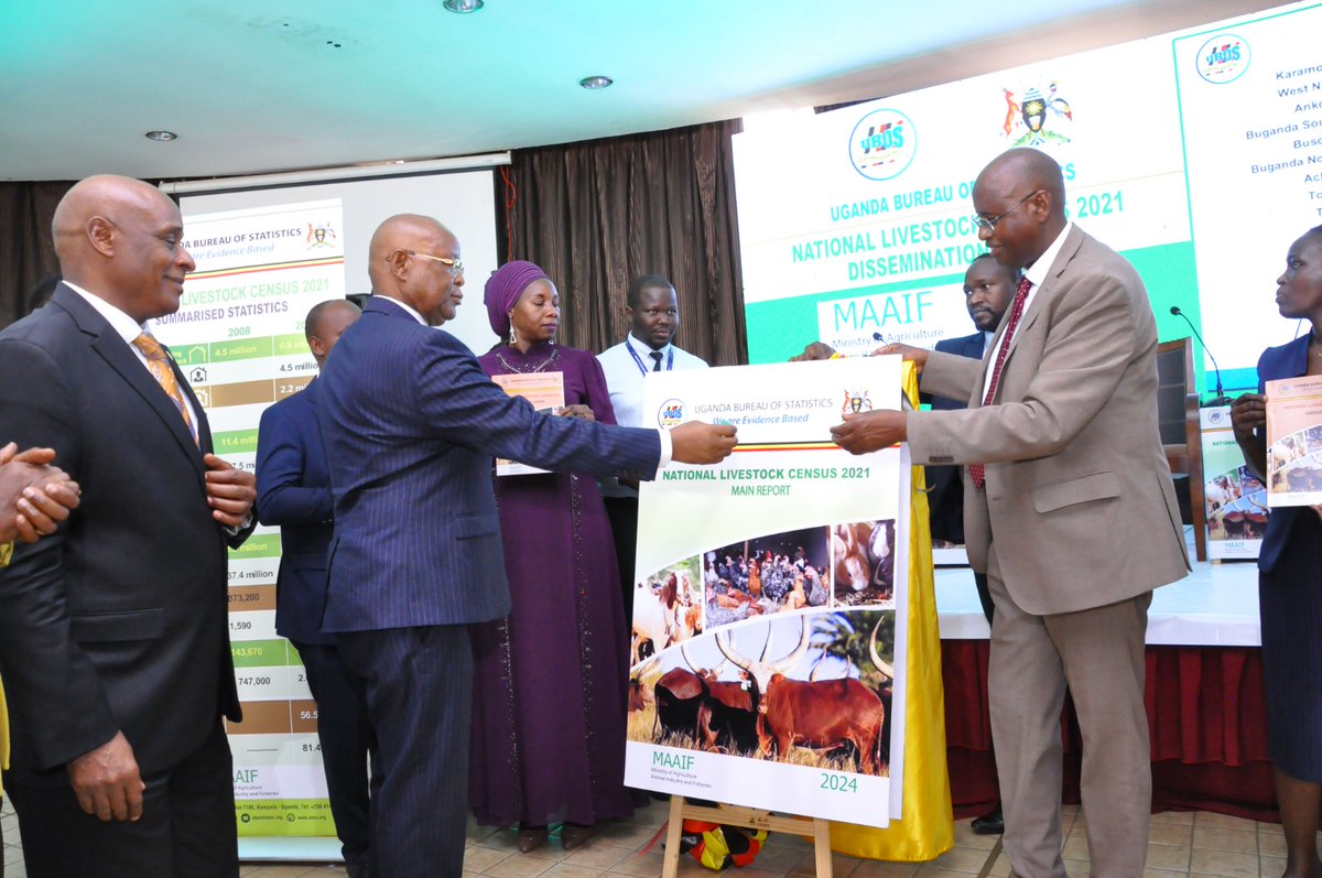 Earlier today, l was honoured to attend the dissemination of the National Livestock Census 2021 Results at Imperial Royale Hotel, Kampala The NLC 2021 findings show we have 8.4m cattle,an increase in chicken flock to 57.8m in 2021 from37.4m in 2008,Pigs increased by 99.7 percent