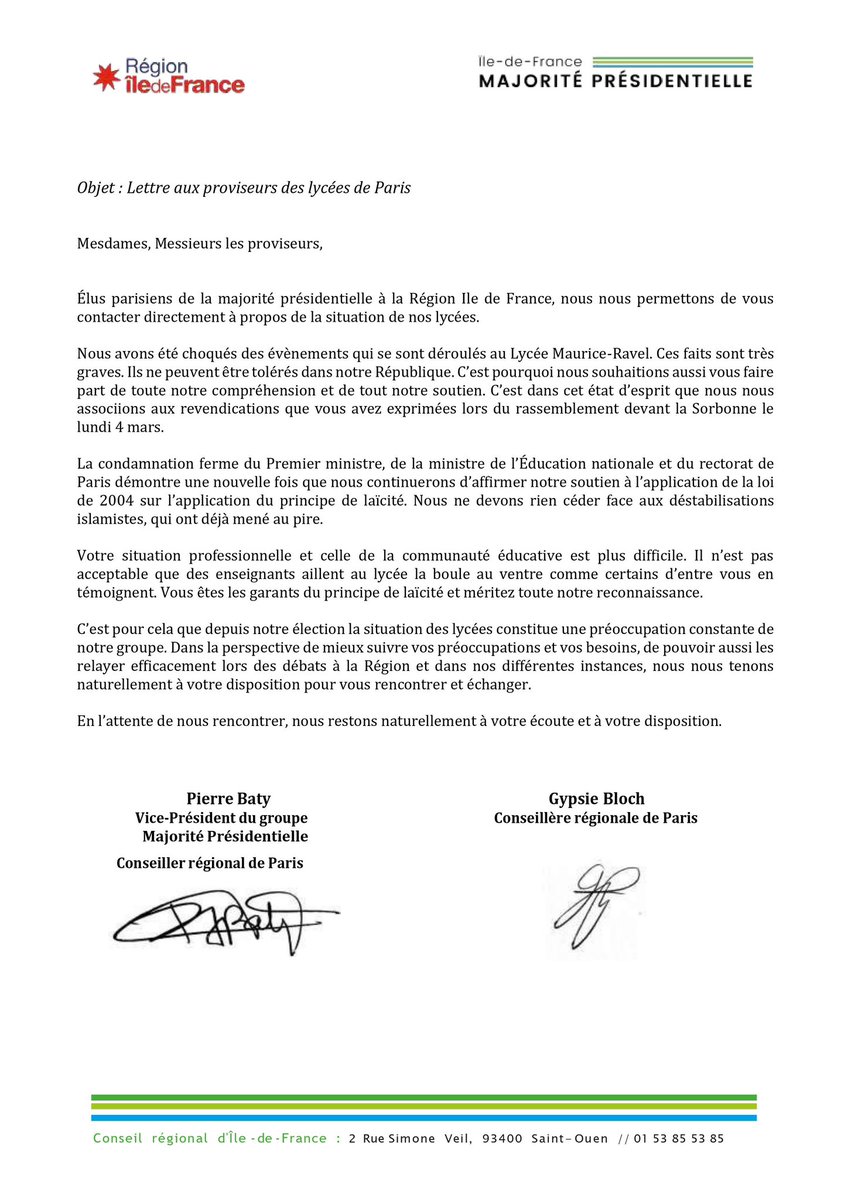 Le respect de la loi de 2004 doit prévaloir, quelles que soient les provocations. #Laïcité Avec ma collègue @GyspieBloch, nous avons écrit aux proviseurs des lycées parisiens pour les assurer de notre complet soutien. @IDF_MP