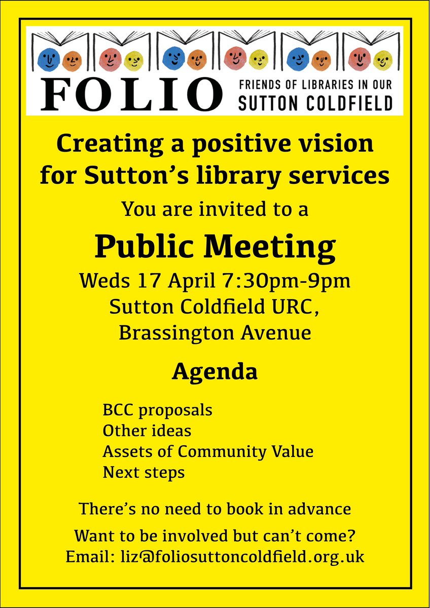 We’re holding a public meeting about @BhamCityCouncil's proposals for Sutton Coldfield's library services at 7:30pm on 17 April at the Sutton Coldfield URC. Please come along if you'd like to get involved.
