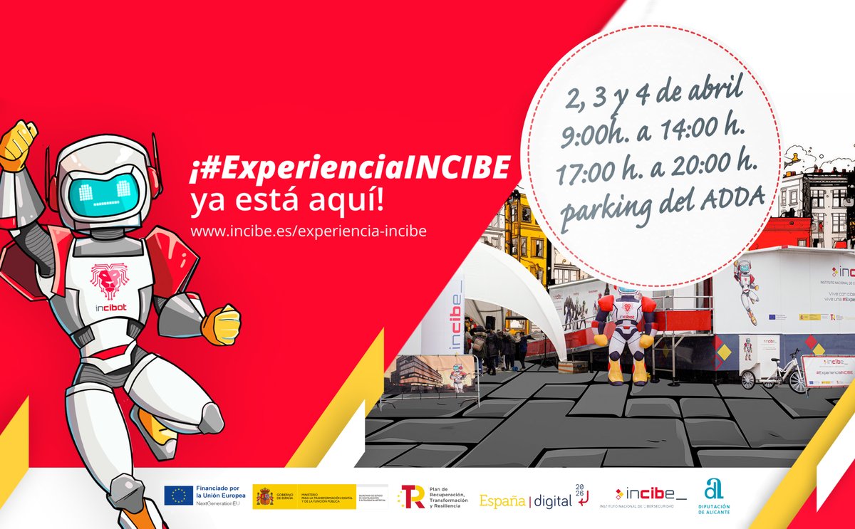 Llega a #Alicante la Experiencia Roadshow <a href="/INCIBE/">INCIBE</a>, un espacio informativo y de ocio para alertar a la ciudadanía de los riesgos del mundo digital 🌐

Del 2 al 4 de abril te esperamos en el parking del <a href="/ADDAalicante/">Auditorio ADDA</a> con charlas, talleres y juegos online para toda la familia 🤖
