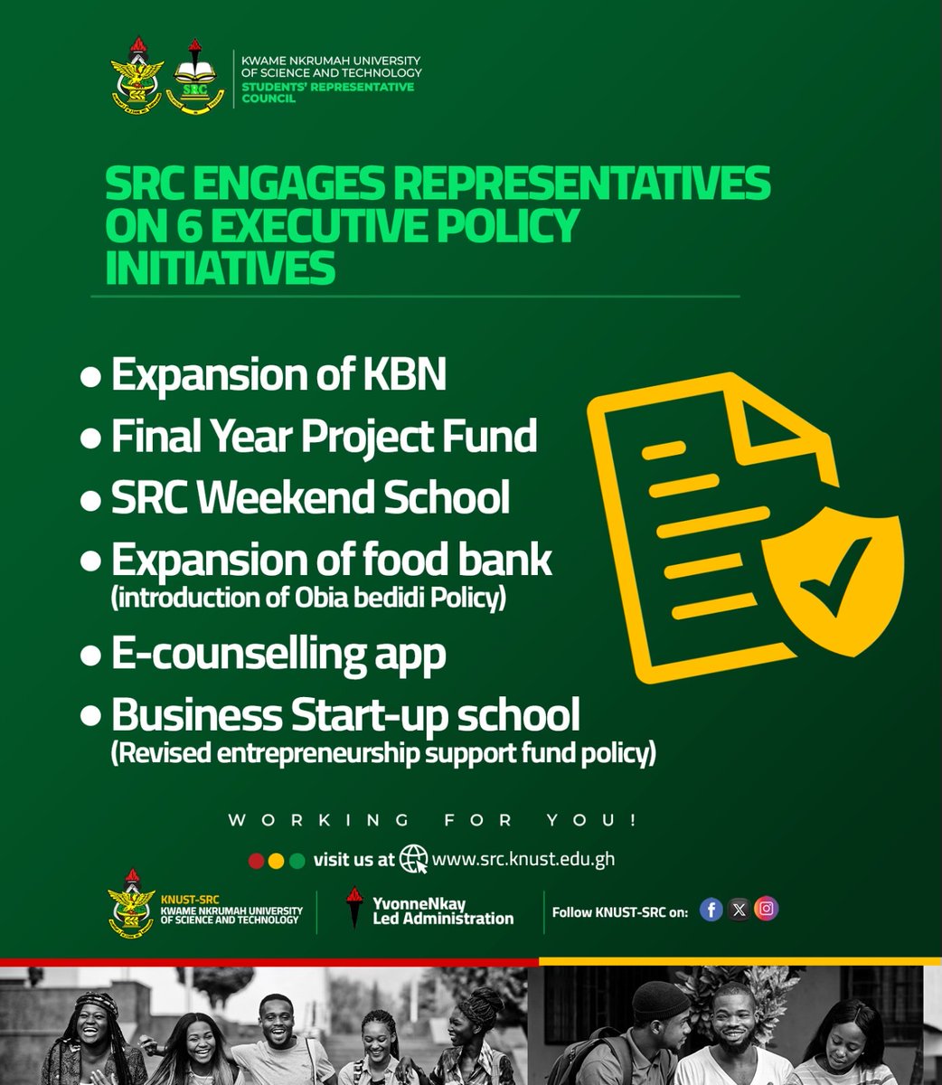 The SRC will engage the various representatives i.e College, halls, class reps, etc on the 6 Executive Policy initiatives to be implemented. #KNUSTSRC #WorkingForYou
