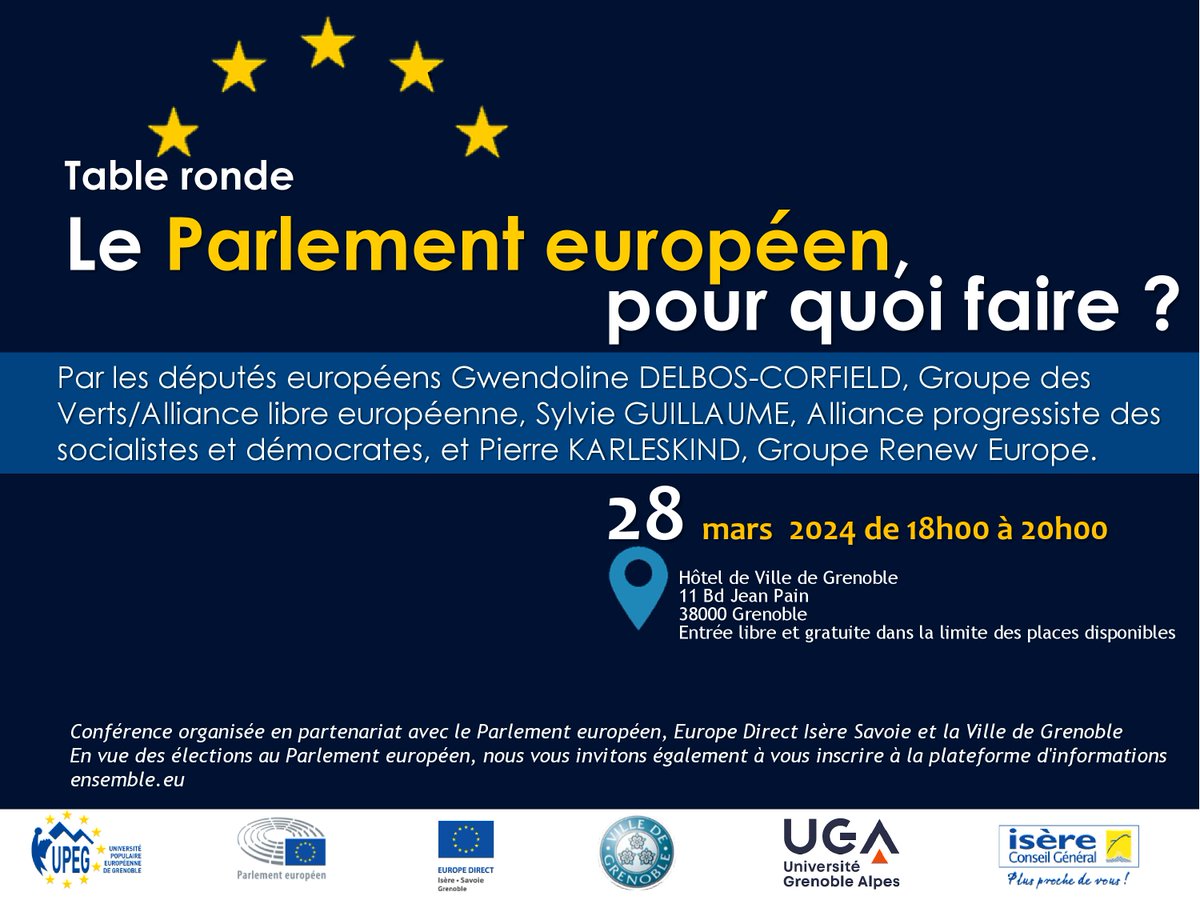 Rendez-vous ce soir pour rencontrer les députés européens @GDelbosCorfield, @sylvieguillaume et @Pierre_Ka lors de notre table ronde : 'Le Parlement européen pour quoi faire ?'. En espérant vous y retrouver nombreux !