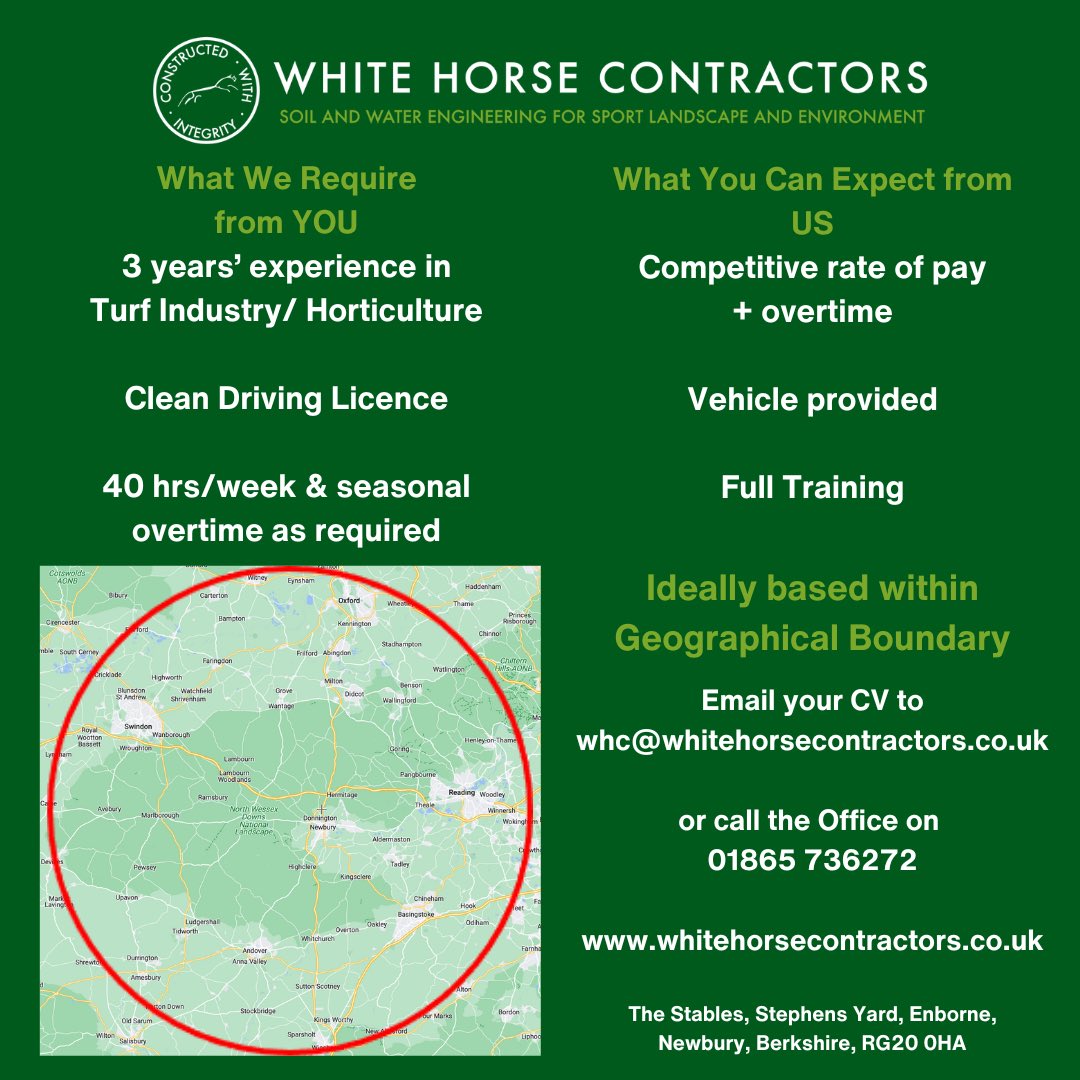 We are recruiting!!! Are you looking for a challenge with forward thinking company? White Horse Contractors are searching for Experienced Sports Turf Maintenance Operatives to join our growing successful team.   Send your CV to whc@whitehorseconstractors.co.uk #HIRINGNOW