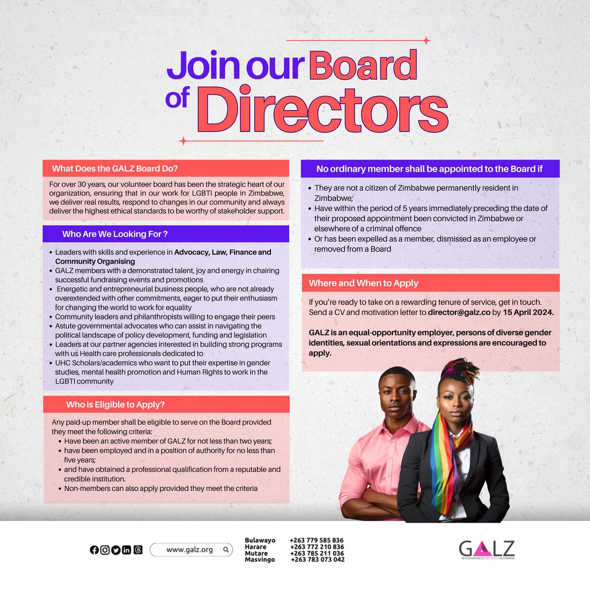 We are seeking visionary leaders to join our Board of Directors. As a Board member, you'll play a crucial role in shaping GALZ's strategic direction and driving positive change for our community. Don't miss this chance to lead the way. #GALZBoard #LeadersWanted #ApplyNow