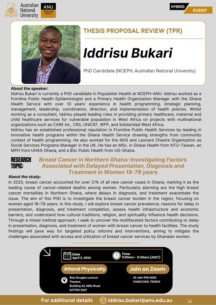 A few more days until #Idris's TPR. Idris is researching a crucial topic that you should come and listen to. On a side note, Idris is the convener for the African Studies Network at @ourANU and has done so well. Details of the TPR below👇 #ANU #Africa