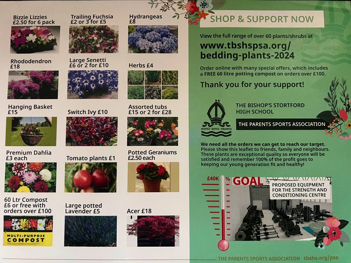 The annual PSA plant sale is live, order your plants at tbshspsa.org/bedding-plants… and support school sport whilst getting some lovely garden plants 🪴 🌺