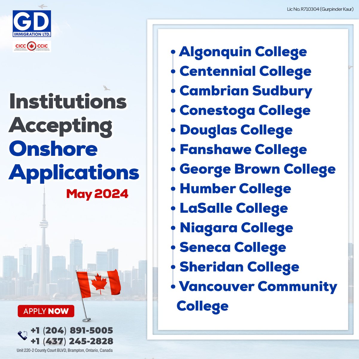 These are the institutes open for onshore applications in May 2024! 🍁🎓

#GDImmigration #StudyInCanada #HigherEducation #ApplyNow #EducationOpportunities #StudentLife #FutureGoals #OnshoreApplications #CanadianEducation