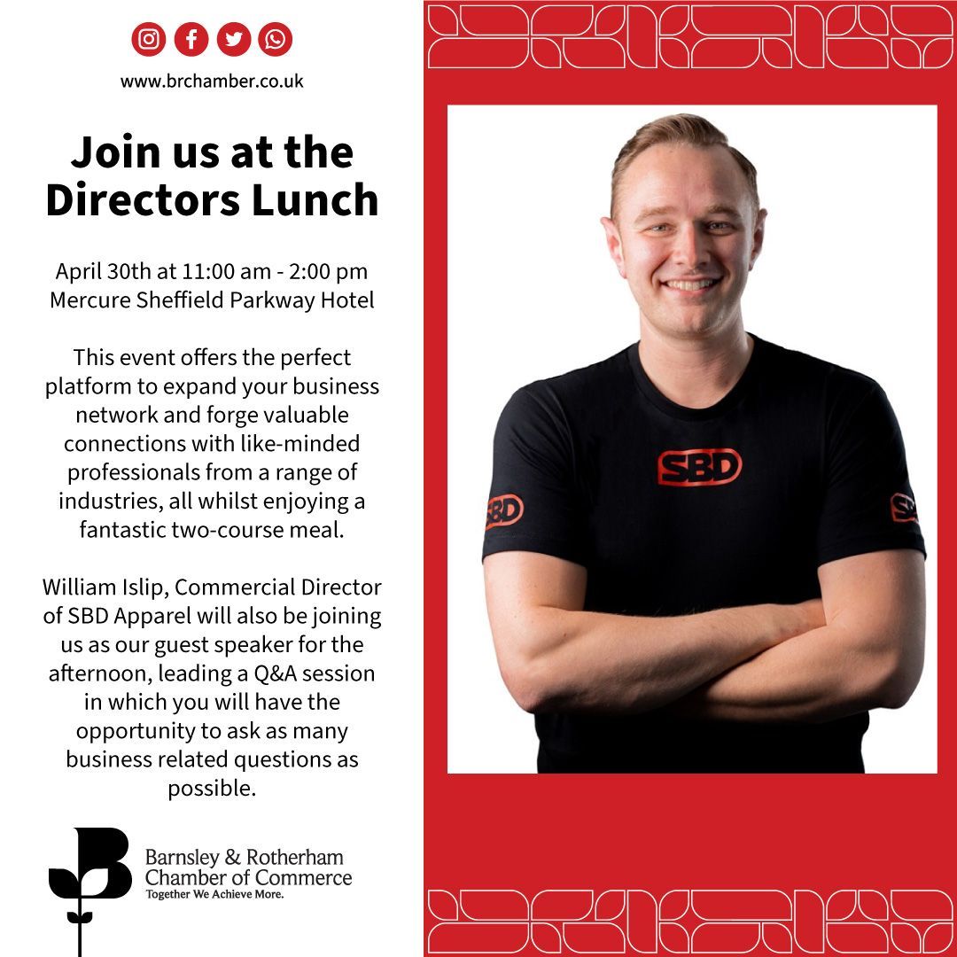 Book your tickets buff.ly/49cslKe Directors Lunch – April 2024 April 30th at 11:00 am - 2:00 pm Join us for an exciting afternoon of networking at the Barnsley & Rotherham Chamber Directors Lunch, hosted at the Mercure Sheffield Parkway Hotel on Tuesday 30th April.