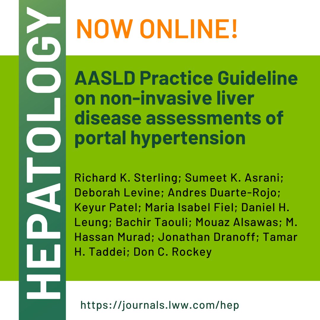 Now live! AASLD Practice Guideline on non-invasive liver disease assessments of portal hypertension: journals.lww.com/hep/citation/9… @HEP_Journal #NILDA #LiverTwitter