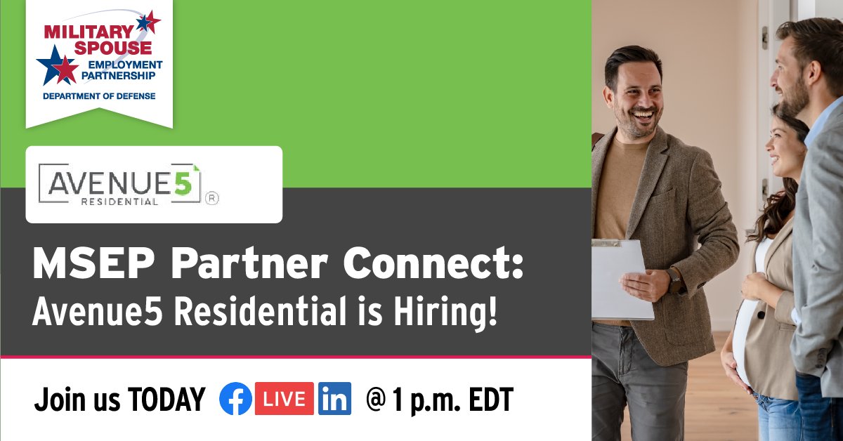 Be sure to tune in 📺! Join MSEP partner @Avenue5Res today at 1 p.m. EDT to connect live with a representative and learn about career opportunities with a property management firm 🏙️: myseco.militaryonesource.mil/portal/events.