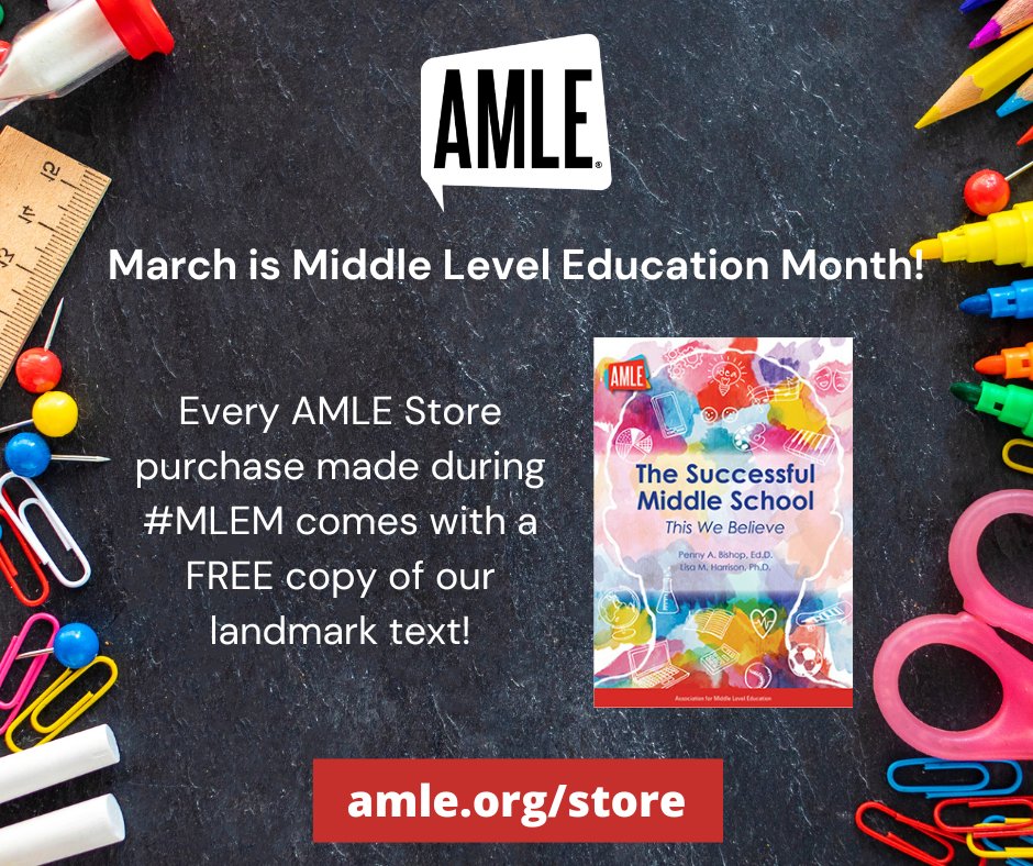 Boost your knowledge on middle level education this March during #MLEM!  Every purchase from the AMLE Store includes a free copy of 'The Successful Middle School: This We Believe.' Let's spread the wisdom!  okt.to/4AeucW