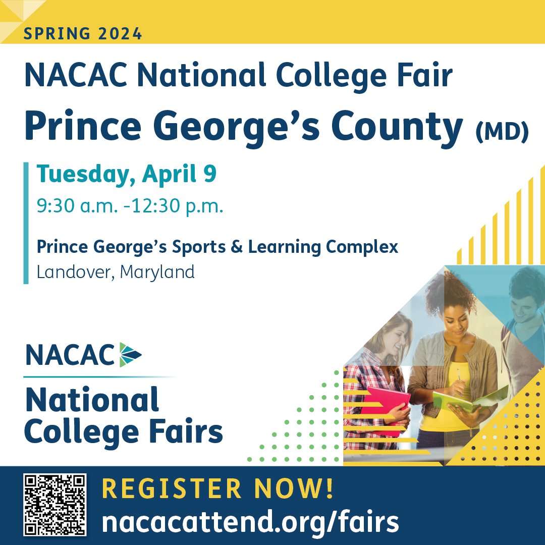Ready to begin your college search? Don't miss the @NACAC National College Fair in Prince George's County, MD! Join us on April 9 from 9:30 am to 12:30 pm at the Prince George's Sports & Learning Complex. nacacattend.org/fairs #collegefairs #PGCounty