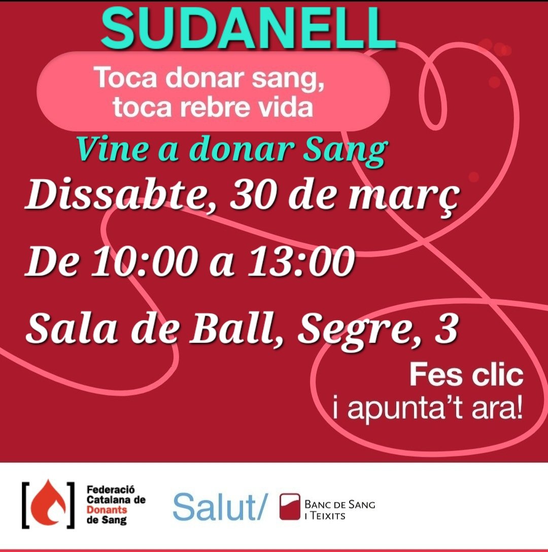 #Sudanell
#donaciodesang 
Dissabte, 30 de març de 2024
De 10:00 a 13:00
Sala de Ball, Segre, 3