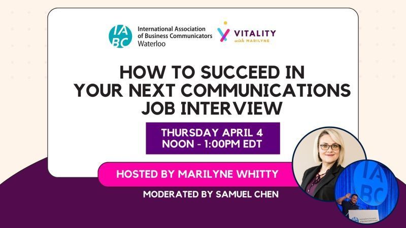 Join #IABCWaterloo for “How to Succeed in Your Next Communications Job Interview” NEXT Thurs, April 4, at 12pm ET. 

Marilyne Whitty, a veteran HR pro, will lend her expertise.

Sign up for this FREE session! Go to: buff.ly/4a1DUoA

#IABC