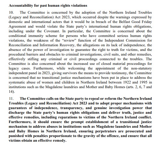 The UN Human Rights Committee has just released its Concluding Observations on the UK- concerned about NI Legacy Act - including weakness of ICRIR 'reviews' calls on UK to instead 'adopt proper mechanisms' with independence and genuine investigation power tbinternet.ohchr.org/_layouts/15/tr…