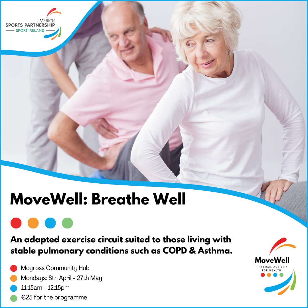 #MoveWellBreatheWell! An adapted physical activity to work your heart, lungs & muscles. It is aimed at pulmonary conditions such as Asthma and COPD. 📍 Moyross Community Hub 📅 Mondays: 8th April – 27th May 🕕 11:15am 💶€25 total 🔗limericksports.ie/event/movewell… #ActiveLimerick