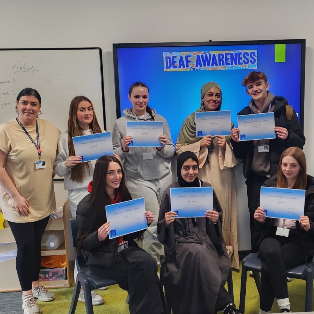 Caring Professions learners have recently completed a 6-week Deaf Awareness and Basic Sign Language course. They have learned signs to take into their work placements, and earned certificates by presenting a full introductory conversation in BSL 👏