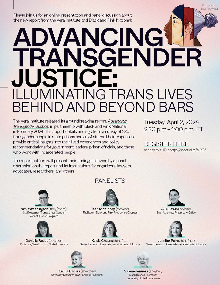 HAPPENING TUES. APRIL 2 @ 2:30 PM ET: @verainstitute is hosting a virtual panel focusing on its new report 'Advancing Transgender Justice: Illuminating Trans Lives Behind and Beyond Bars,' made in partnership with @BLACKandPINKorg. Register here: shorturl.at/tNX37