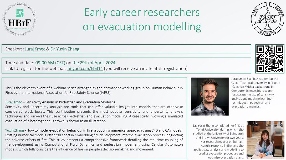You can now register to our new free webinar by Early Career Researchers working on #crowd #evacuation modelling: tinyurl.com/hbif11 On the 29th of April at 09:00 Am CET we will host Juraj Kmec, Dr Yuxin Zhang