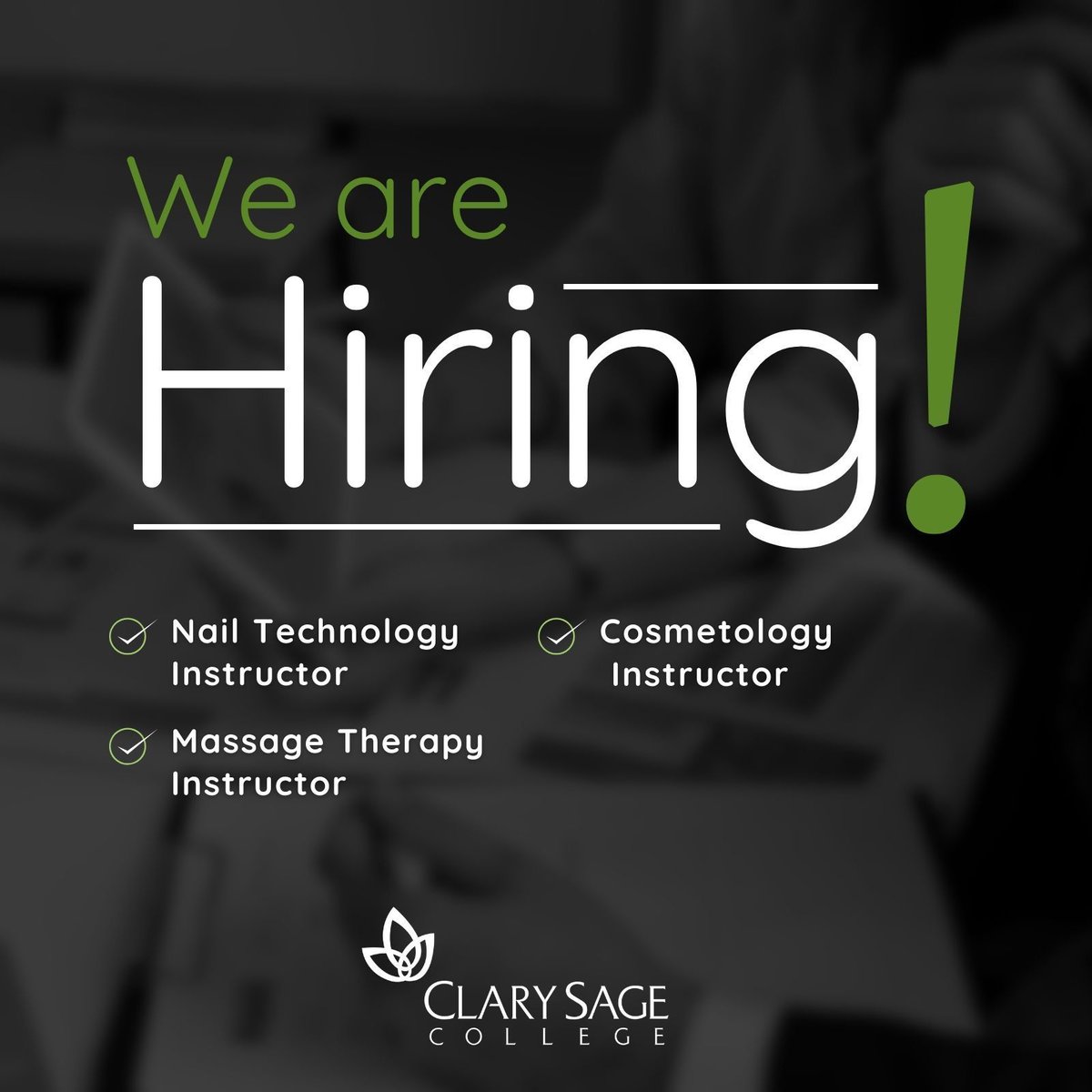 ClarySageCo's tweet photo. Come join the Clary Sage team! Our campus is growing and we are looking for instructors to add to our team. We are NOW HIRING:
🌱Nail Technology Instructor
🌱Cosmetology Instructor
🌱Massage Therapy Instructor 

Learn more and apply at https://t.co/HtYpTKFKhL https://t.co/D0a2EXubIT