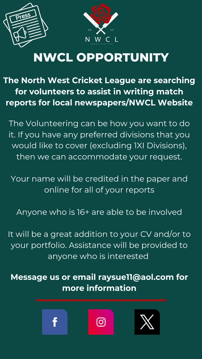 ⚠️ NWCL Opportunity ⚠️ 📰 The NWCL are looking for volunteers to assist in writing match reports. 👉 Assistance will be provided to all who are interested 👉 Your name will be credited in the paper & Online for all your reports Get in touch if you are interested 📨