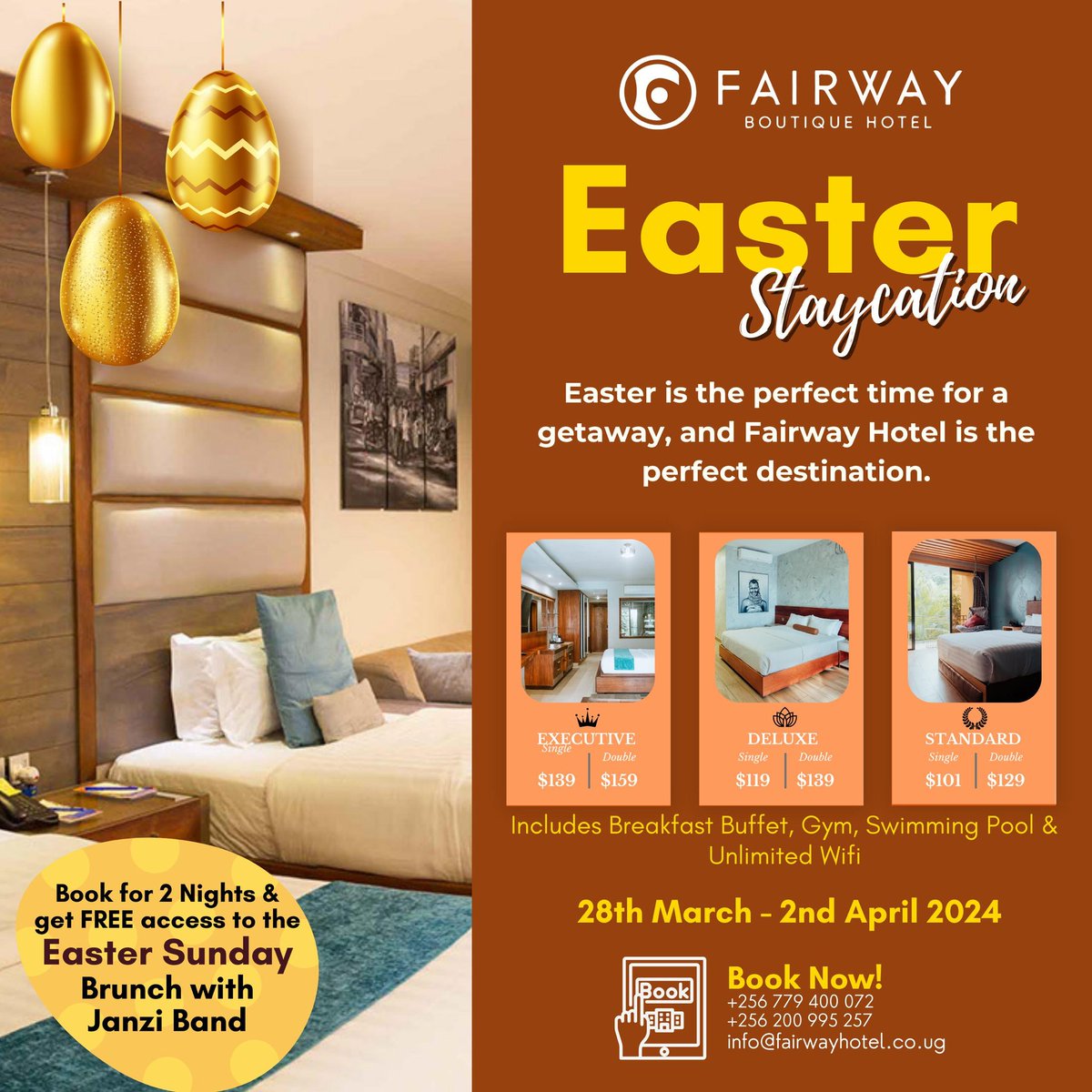 Enjoy an Easter staycation at Fairway Boutique Hotel, where luxury meets relaxation. 
Enjoy a getaway filled with comfort, elegance, and unforgettable moments.
Book two nights and get free access to the Easter Sunday Brunch with @Janziband
#fairwayhotelkla #Uganda #homeaway