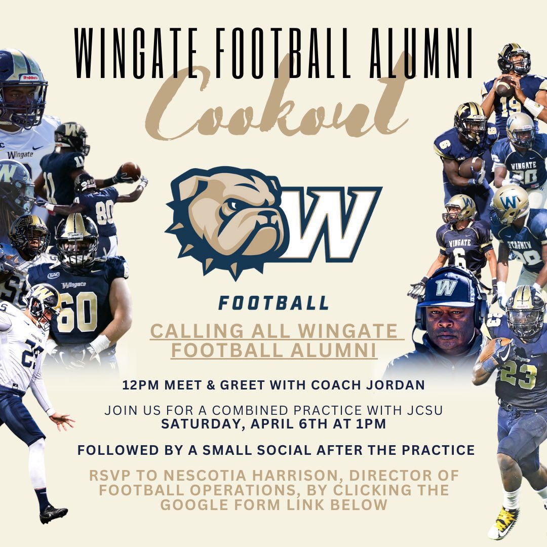 Gather ‘round, Wingate Football Alumni! 🏈 Coach Jordan awaits for a memorable meet & greet at 12pm. Don’t miss out on our joint practice with JCSU on Saturday, April 6th at 1PM! 🌟 RSVP via the Google Form link. Can’t wait to reconnect! forms.gle/ZCpfN1W3owz4S2…
