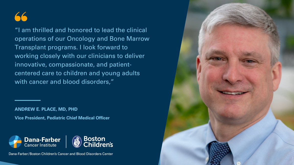Dana-Farber News (@danafarbernews) on Twitter photo Congratulations to Andrew E. Place, MD, PhD, who has been appointed as Dana-Farber/Boston Children’s Cancer and Blood Disorders Center (<a href="/DFBC_PedCare/">Dana-Farber/Boston Children's</a>) Vice President, Pediatric Chief Medical Officer.
News Release ▶️ ms.spr.ly/6018cQZ2i Congratulations to Andrew E. Place, MD, PhD, who has been appointed as Dana-Farber/Boston Children’s Cancer and Blood Disorders Center (<a href="/DFBC_PedCare/">Dana-Farber/Boston Children's</a>) Vice President, Pediatric Chief Medical Officer.
News Release ▶️ ms.spr.ly/6018cQZ2i