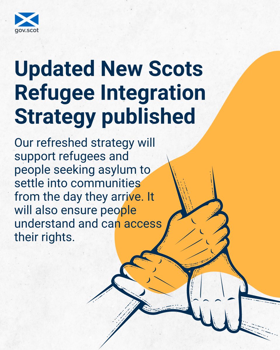 The third New Scots Refugee Integration Strategy has been published. Developed with @COSLA and @ScotRefCouncil, it sets out our continued commitment to helping refugees and people seeking asylum settle into our communities. #NewScots #refugeeswelcome gov.scot/publications/n…