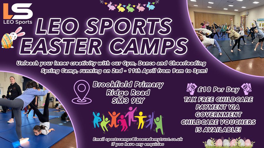 📢 Coming up next week … Join us for an action packed Easter Holiday! Our Gymnastics, Dance & Cheerleading Holiday Camp will be running at: @BrookfieldSM3 Book online👇 leosportscamps.clubsbuddy.net More information 👉 sites.google.com/leoacademytrus… @LEOacademies #LEOsportscamps 🦁