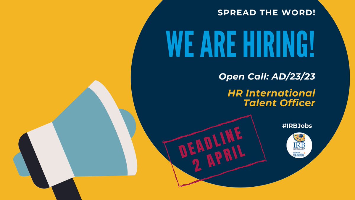 🚨Last days to apply!🚨

📢We are #hiring an International Talent Officer to join our #HR department!

Deadline to apply tomorrow 2 April!
🔗shorturl.at/iEQ09

#IRBJobs #Jobs 

@iCERCA @_BIST @SOMM_alliance @PCB_UB