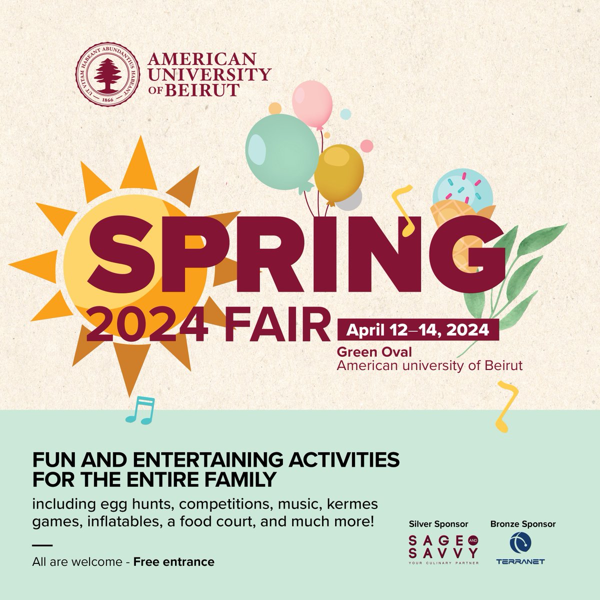 Spring into fun at 2024 Spring Fair ! Join us at the Green Oval, American University of Beirut on April 12-14, for a day filled with exciting activities for the whole family. From egg hunts to competitions, music to kermes games, inflatables to a food court, and much more!