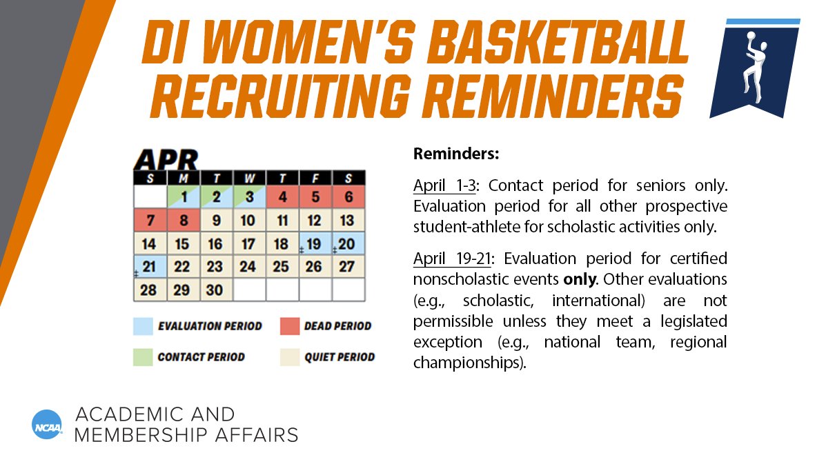 🔔Attention Division I Women's Basketball Coaches🔔 

Check out the graphic below regarding the April recruiting calendar.
🔗on.ncaa.com/2324WBBRecCal