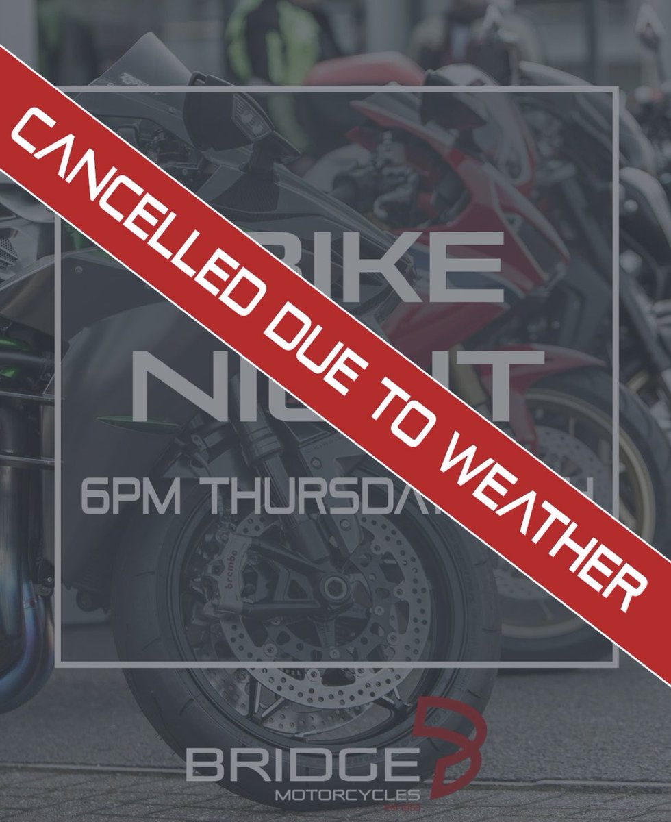 Due to unfavourable weather conditions, we regret to inform you that tonight’s Bike Night event has been cancelled. To maintain everybody’s safety and with the current forecast, the decision has been made to reschedule.    Thank you for your understanding.