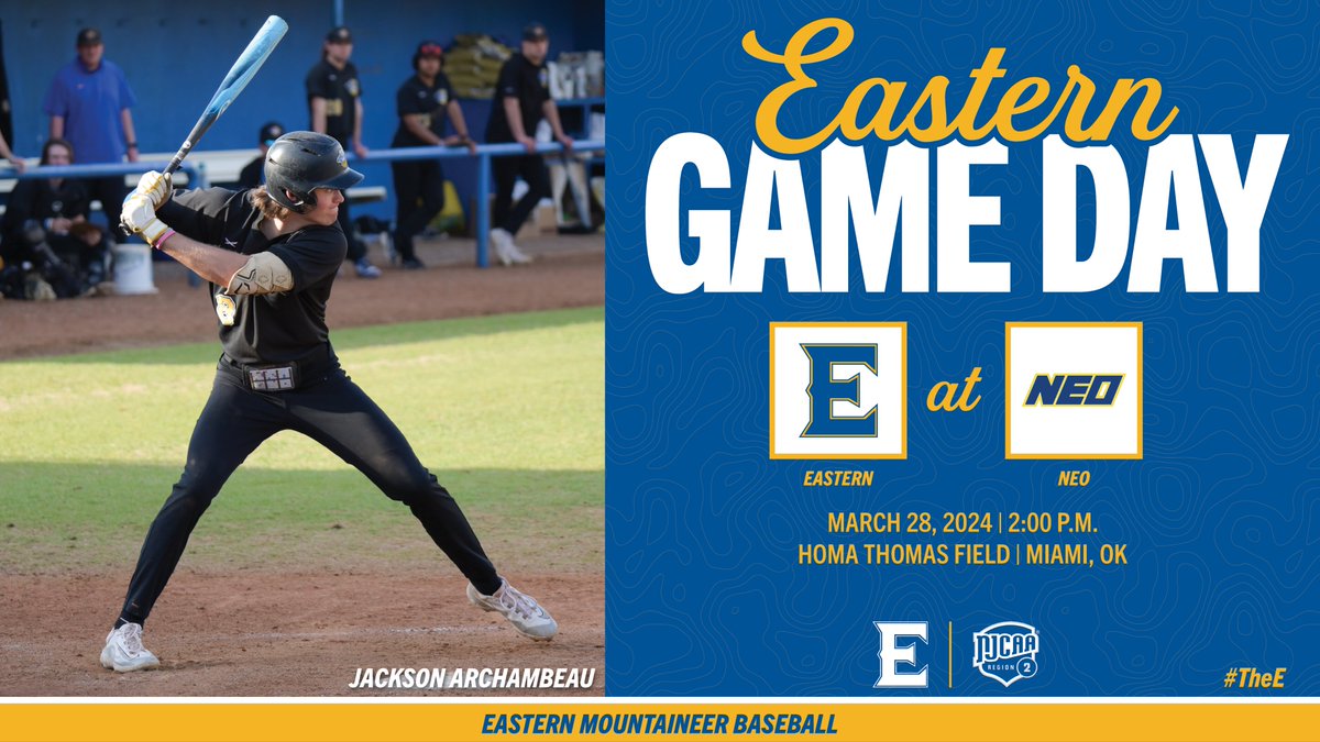 Game Day! Eastern is headed to Miami to take on NEO! #TheE #NJCAABSB ⚾️ vs. @GoldenNorsemen ⏰ 2:00 PM 🏟 Homa Thomas Field 📍 Miami, OK