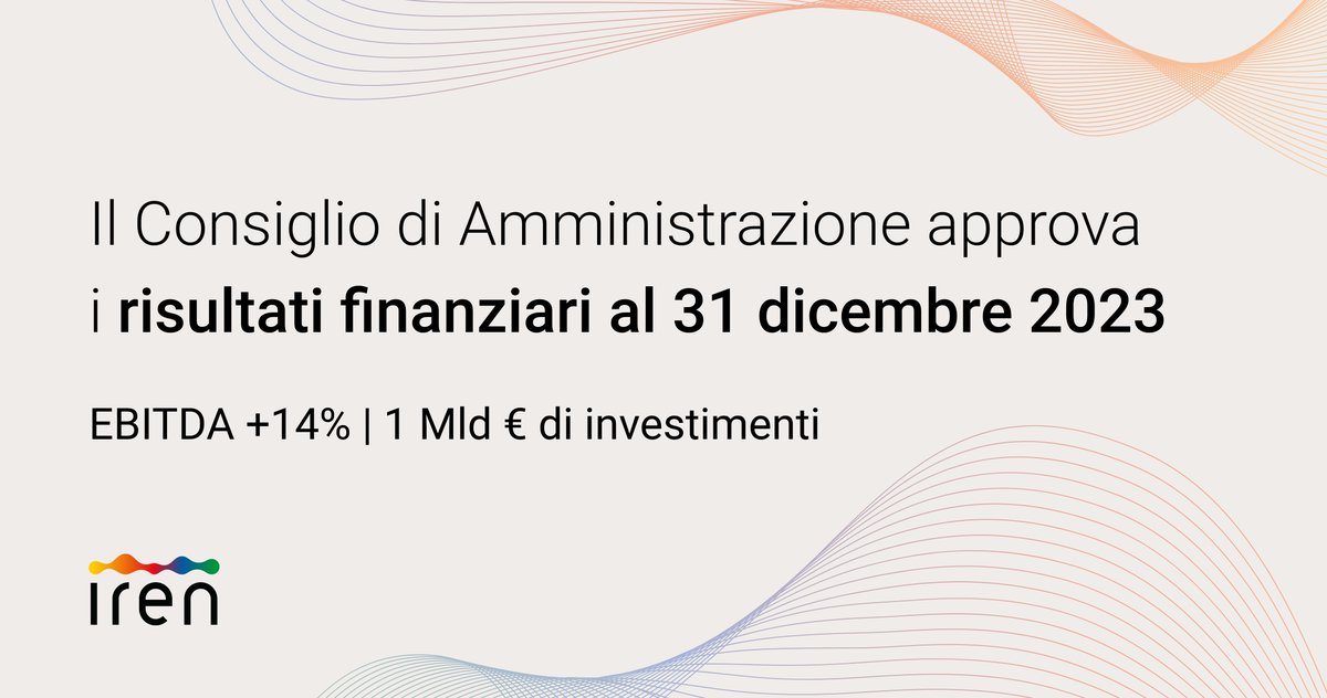 Il Consiglio di Amministrazione ha approvato il bilancio d’esercizio relativo all’anno 2023, che conferma la forte crescita del Margine Operativo Lordo (EBITDA) con +14% e degli investimenti, che arrivano a quasi 1 miliardo di cui l’80% sostenibili. gruppoiren.it/it/media/comun…