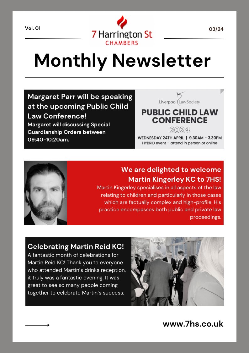 Check out our March monthly newsletter below! ⬇️ A fantastic month celebrating Martin Reid KC and Martin Kingerley KC joining chambers! For more information about the upcoming Public Child Law Conference, visit the @LpoolLawSociety page! 💥 #Barrister #Law #Legal #Chambers