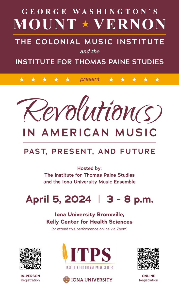 We're thrilled to host an interdisciplinary Early American music event on 4/5, featuring a roundtable with our friends @MountVernon on #DH and the politics of revolutionary-era music, and a performance by @ionauniversity students! In-person and hybrid attendance, more info ⬇️⬇️⬇️