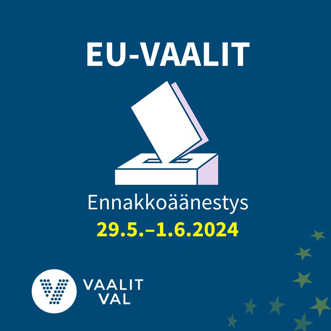 🇫🇮🗳️🇪🇺 EU-vaalien ennakkoäänestysajanjakso ukomailla on 29.5.–1.6.2024. Saksassa voit äänestää Berliinissä, Hampurissa ja Frankfurt am Mainissa. 

ℹ️ Tarkat äänestyspaikat ja ajat suurlähetystön verkkosivuilla: finlandabroad.fi/web/deu/ajanko…