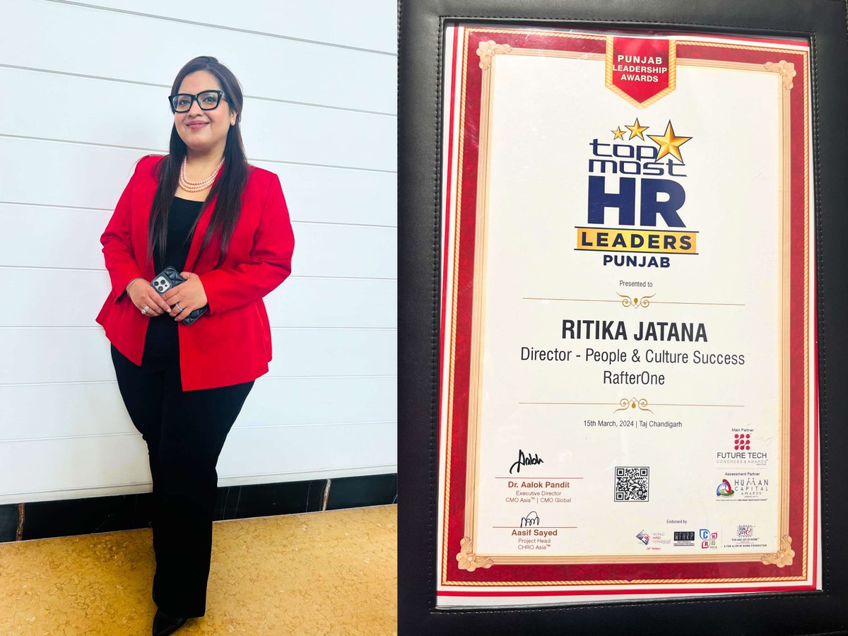 RafterOne has received the prestigious award of Best Employer Brand of Punjab. And our very own, Ritika Jatana also received the high honor of being named Top HR Leader of Punjab. Congratulations to everyone for this outstanding achievement.

#Leadership #Recognition #HRLeaders
