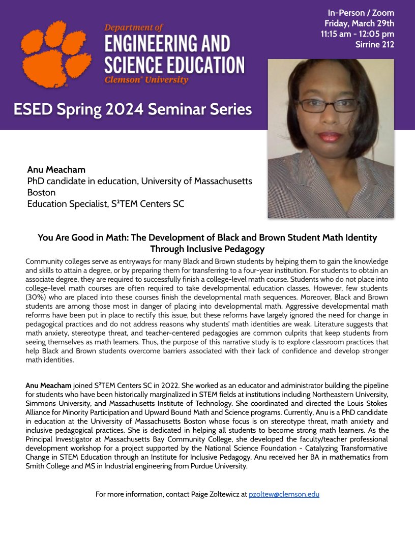 Join us tomorrow, Friday, March 29th, at 11:15am ET for our seminar with Anu Meacham! Contact Paige at pzoltew@clemson.edu for details.

Please note that there has been a room change. This week, seminar will be held in Sirrine 212.

linkedin.com/posts/clemson-…
