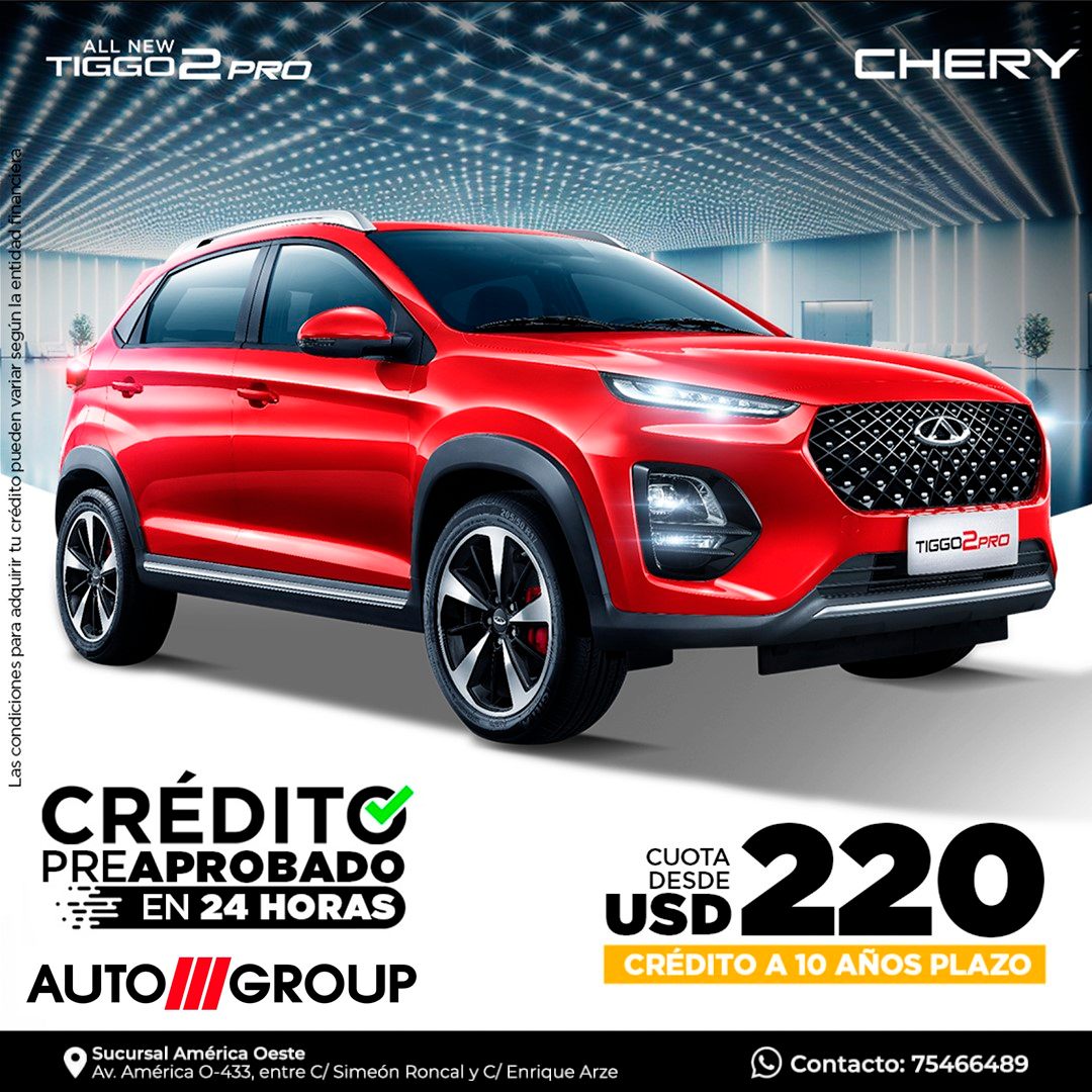 Promoenlinea's tweet photo. CHERY TIGGO 2
Cuota desde USD 220
Cotiza tu Chery : https://t.co/KKVXKd4Uz5
AUTO///GROUP
Av. América O-433, entre C/Simeón Roncal y C/Enrique Arze.
https://t.co/MrU4eU9six
Contacto: 75466489
https://t.co/lbrM0N8Hmv
Facebook: https://t.co/Dz7I4jQwnb
#chery #tiggo2pro #autogroup https://t.co/aytLO5BmDR